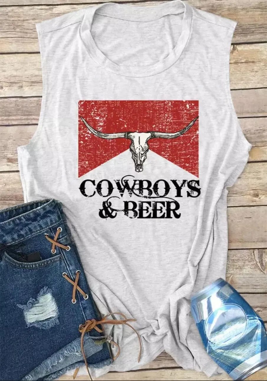 Cowboys & Beer Steer Skull Tank Tops Women Western Vintage Country Music Tanks Summer Vacation Sleeveless Shirts