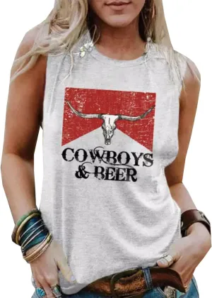 Cowboys & Beer Steer Skull Tank Tops Women Western Vintage Country Music Tanks Summer Vacation Sleeveless Shirts