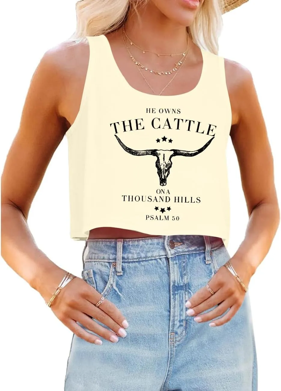 Cowgirl Tank Tops for Women Western Cowboy Crop Tops Cow Skull Graphic Vest Country Music Outfit