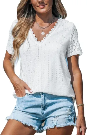 CUPSHE Womens T Shirt V Neck Lace Tops Short Sleeve Eyelet Tunic Summer Casual Loose Blouse