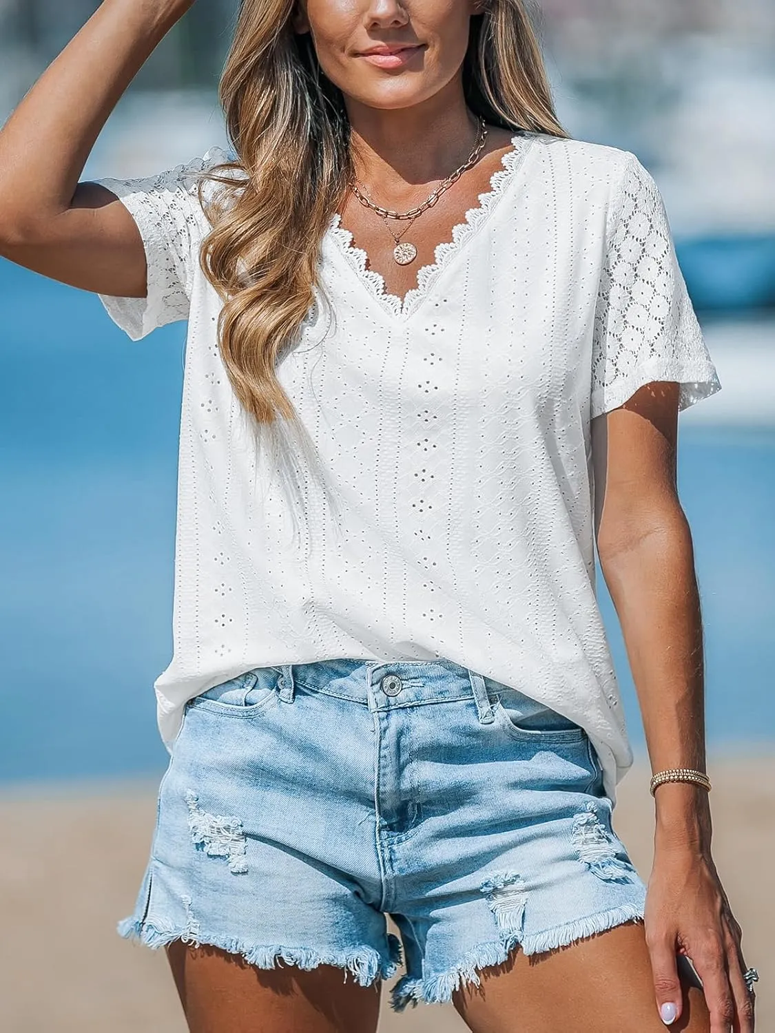 CUPSHE Womens T Shirt V Neck Lace Tops Short Sleeve Eyelet Tunic Summer Casual Loose Blouse