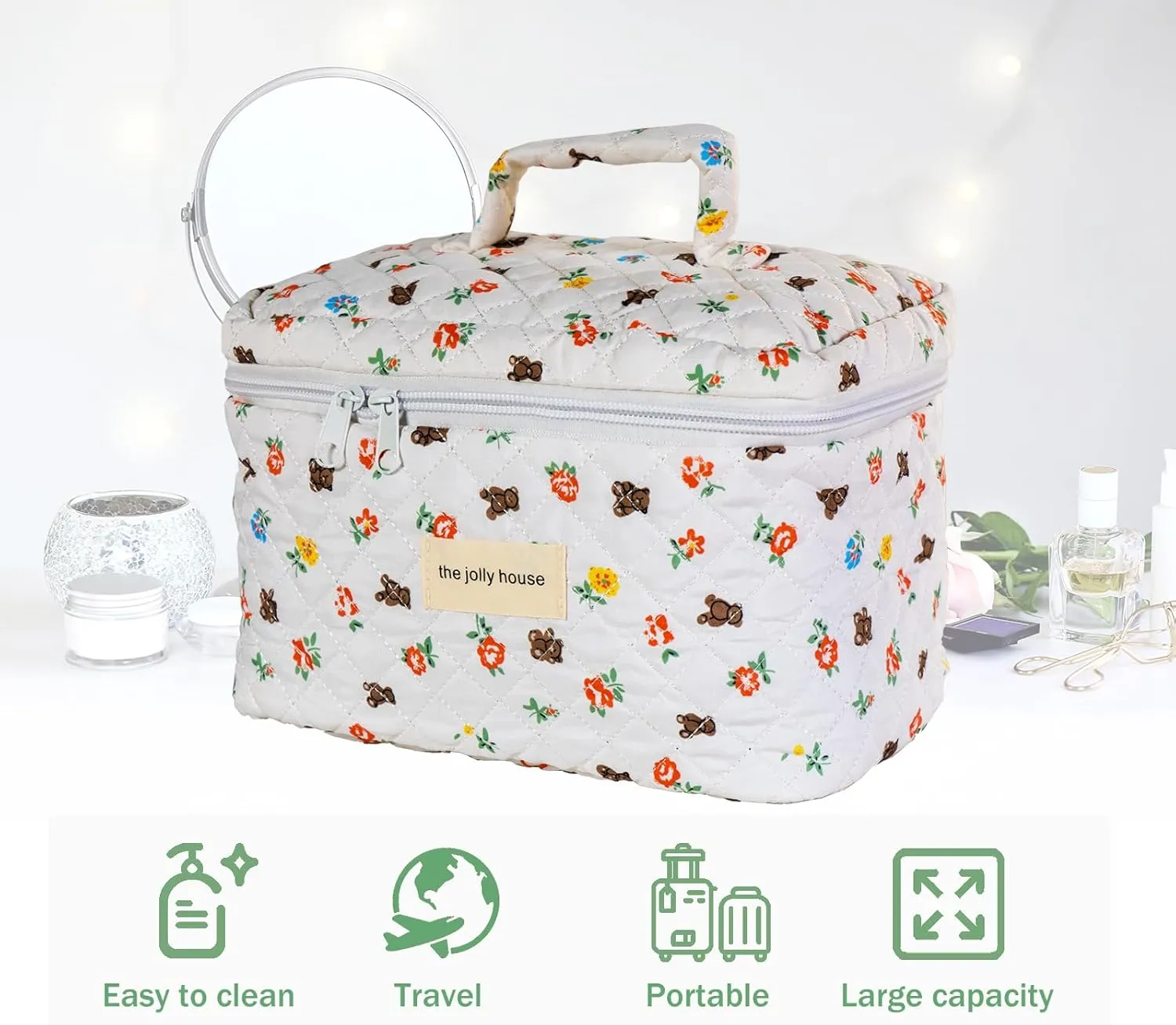 Cute Cosmetic Bag for Women: Large Capacity Makeup Bag Organizer - Portable Toiletry Bag with Handle Travel Cartoon Bear