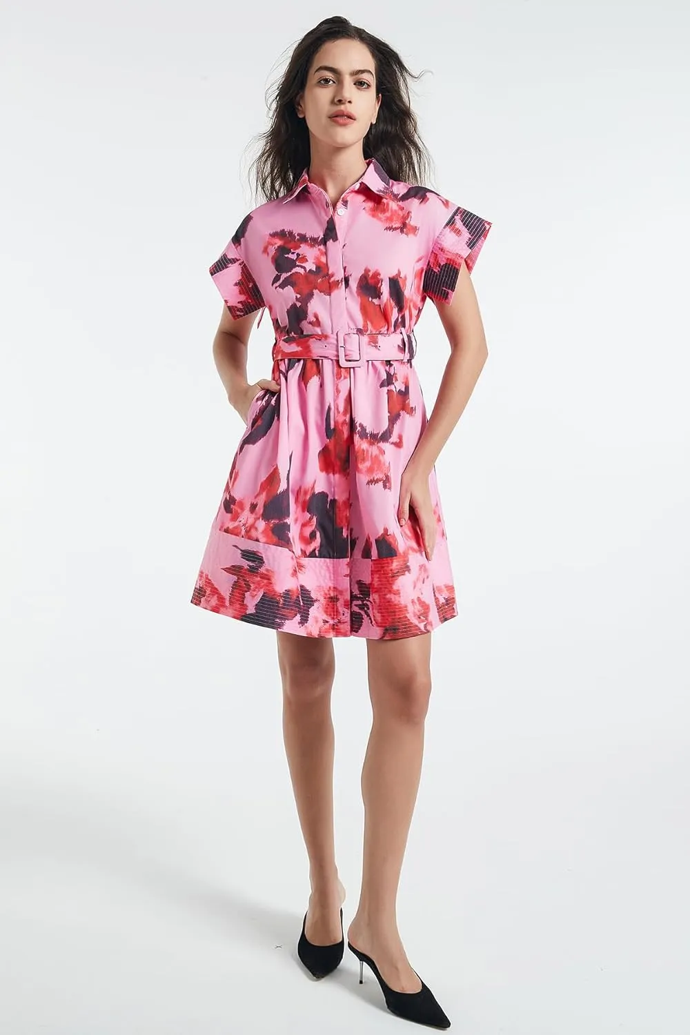 D-Sun Women Button Down Shirt Dress V-Neck Floral Printed Short Sleeve Mini Dress Casual Belted Short Party with Pocket