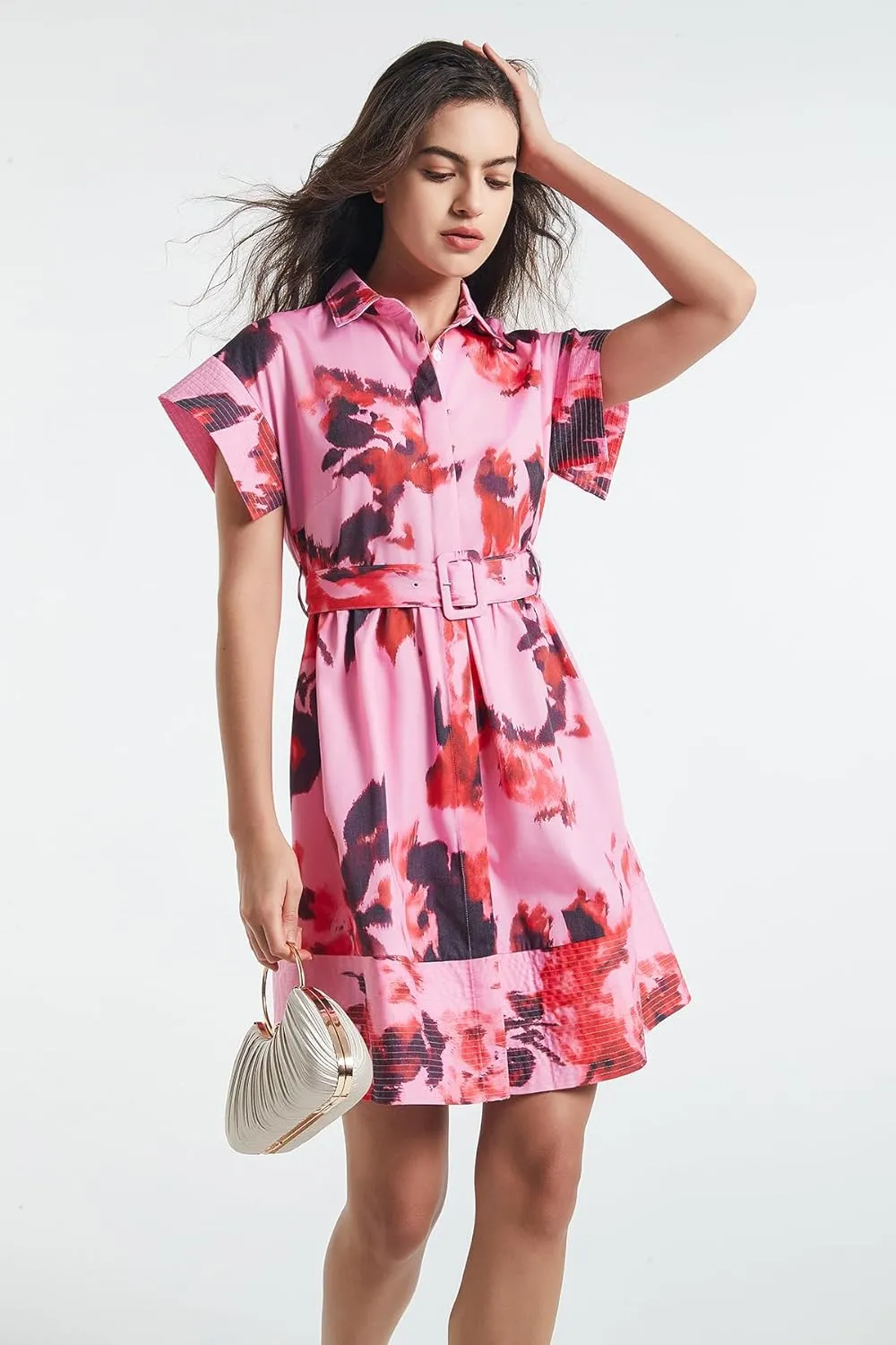 D-Sun Women Button Down Shirt Dress V-Neck Floral Printed Short Sleeve Mini Dress Casual Belted Short Party with Pocket