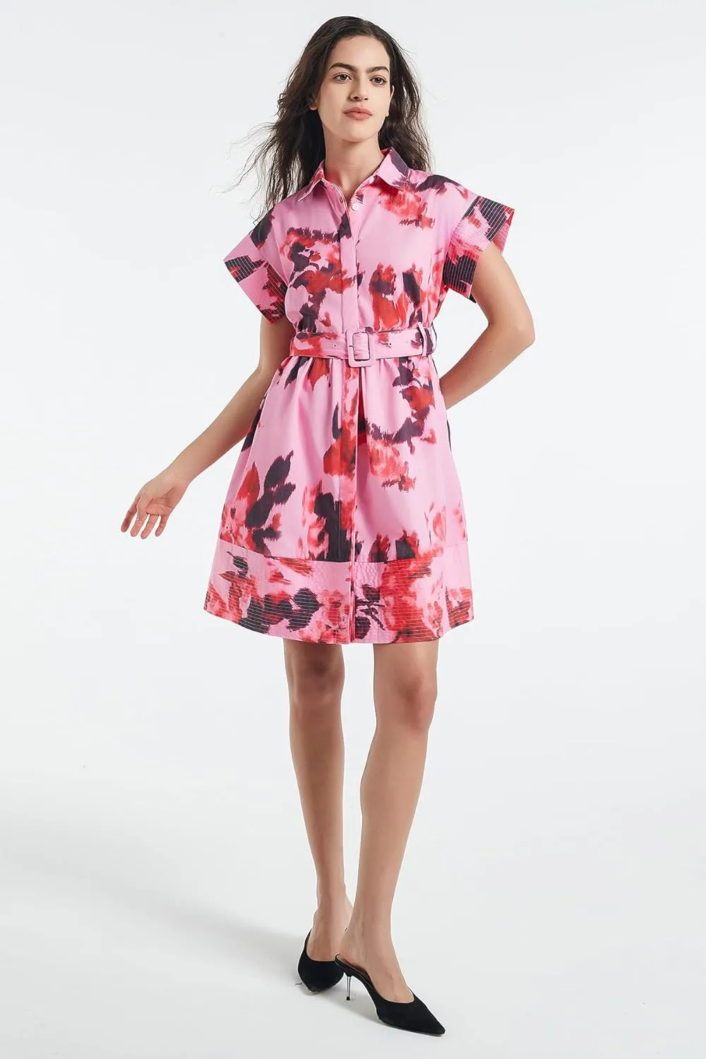 D-Sun Women Button Down Shirt Dress V-Neck Floral Printed Short Sleeve Mini Dress Casual Belted Short Party with Pocket