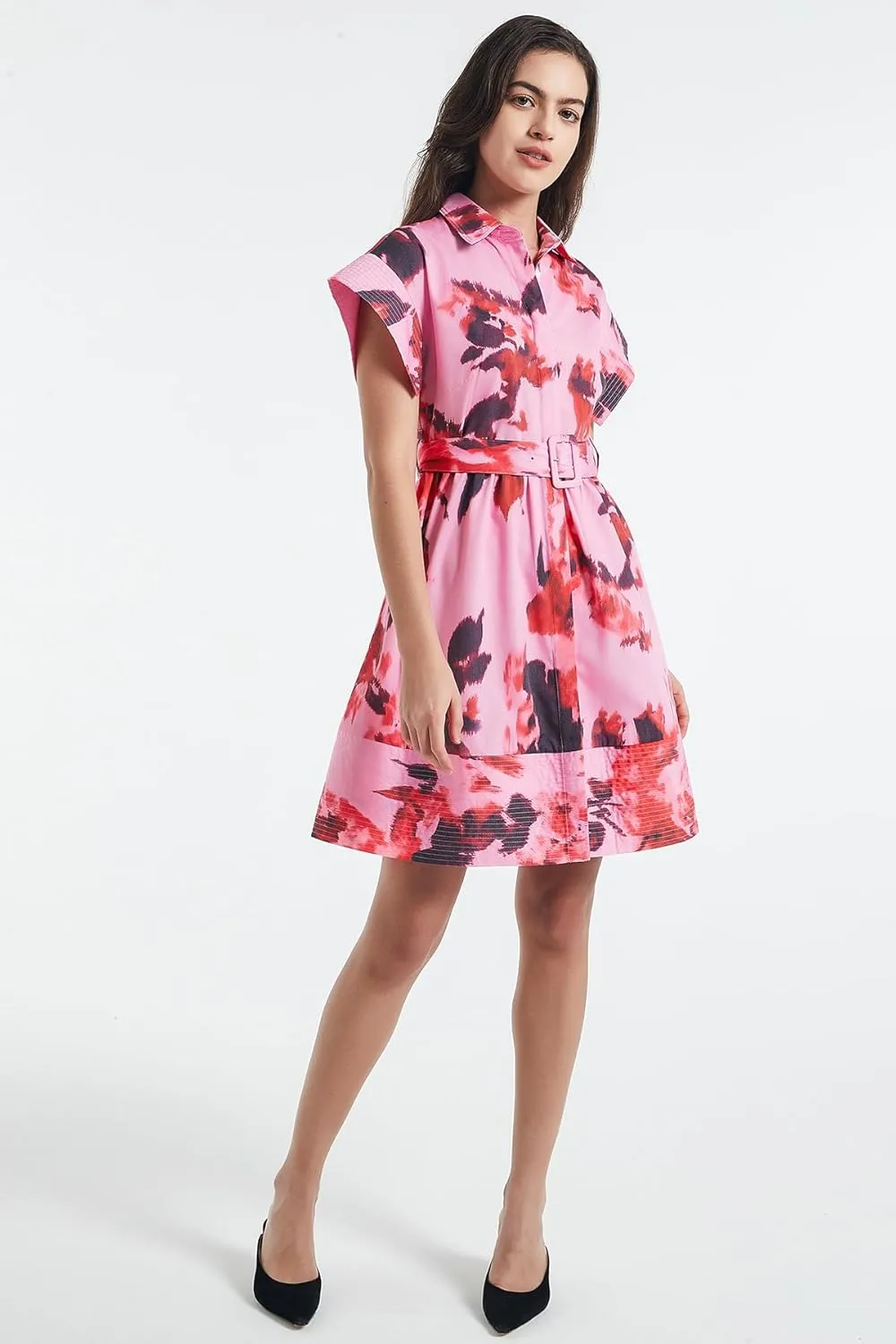 D-Sun Women Button Down Shirt Dress V-Neck Floral Printed Short Sleeve Mini Dress Casual Belted Short Party with Pocket