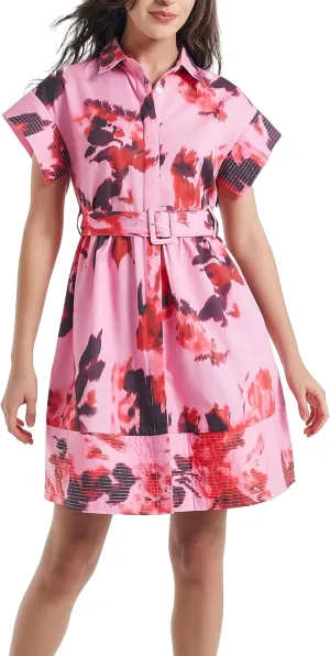 D-Sun Women Button Down Shirt Dress V-Neck Floral Printed Short Sleeve Mini Dress Casual Belted Short Party with Pocket