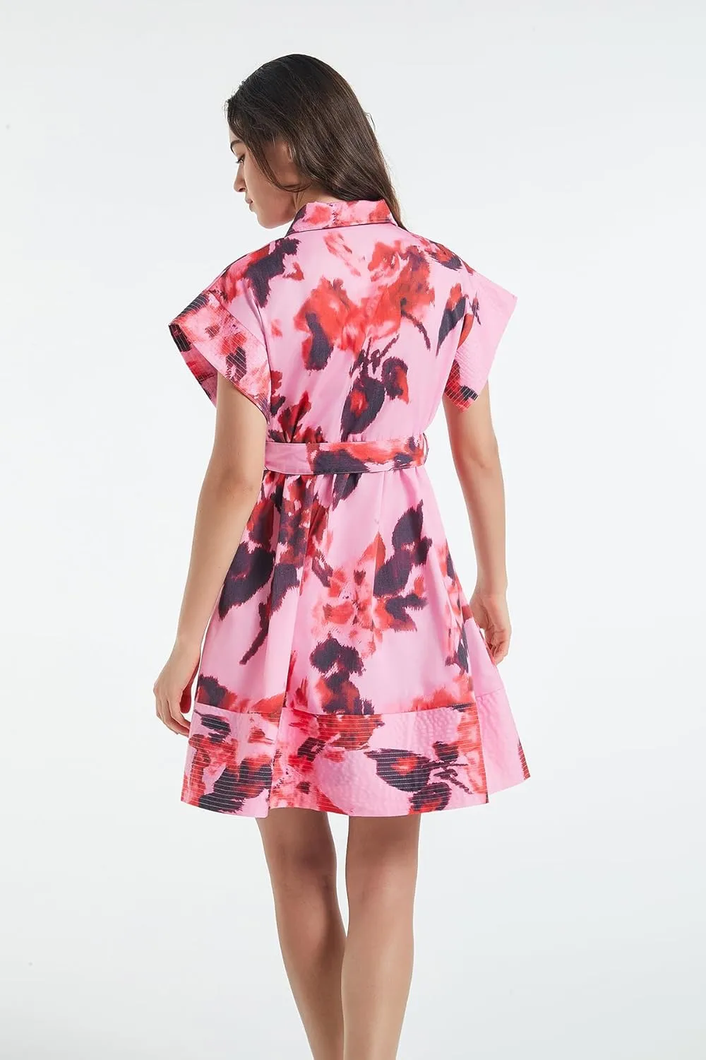 D-Sun Women Button Down Shirt Dress V-Neck Floral Printed Short Sleeve Mini Dress Casual Belted Short Party with Pocket