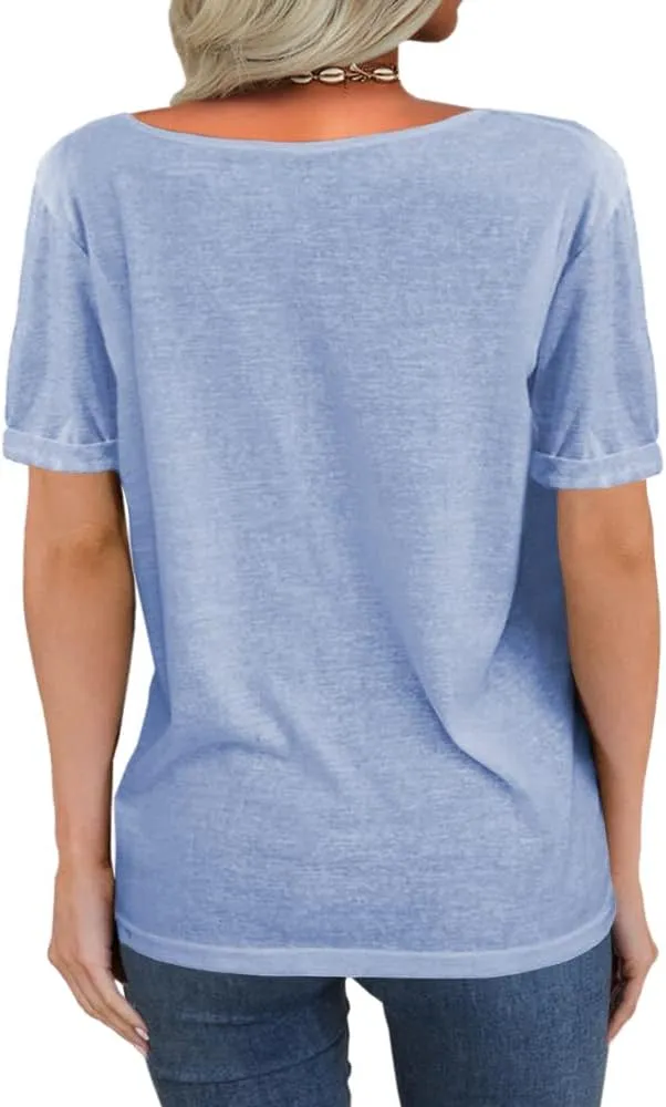 Danedvi Women Fashion Deep V-Neck Short Sleeve Tops Solid Casual Loose Basic T Shirt