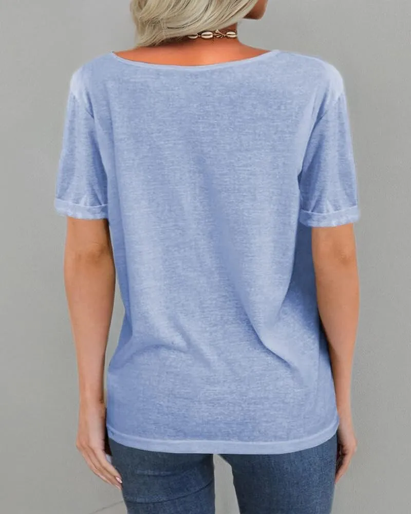 Danedvi Women Fashion Deep V-Neck Short Sleeve Tops Solid Casual Loose Basic T Shirt