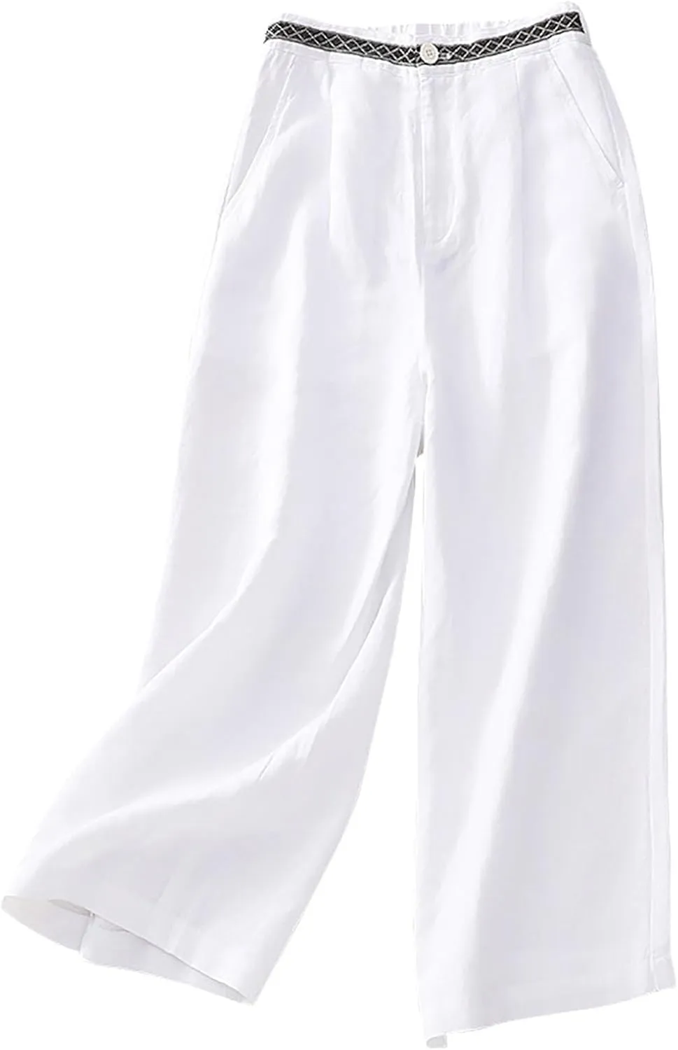 DASAYO Boho Linen Pants Women Trendy High Waisted Cropped Palazzo Pants Ladies Wide Leg Beach Casual Trousers with Pockets