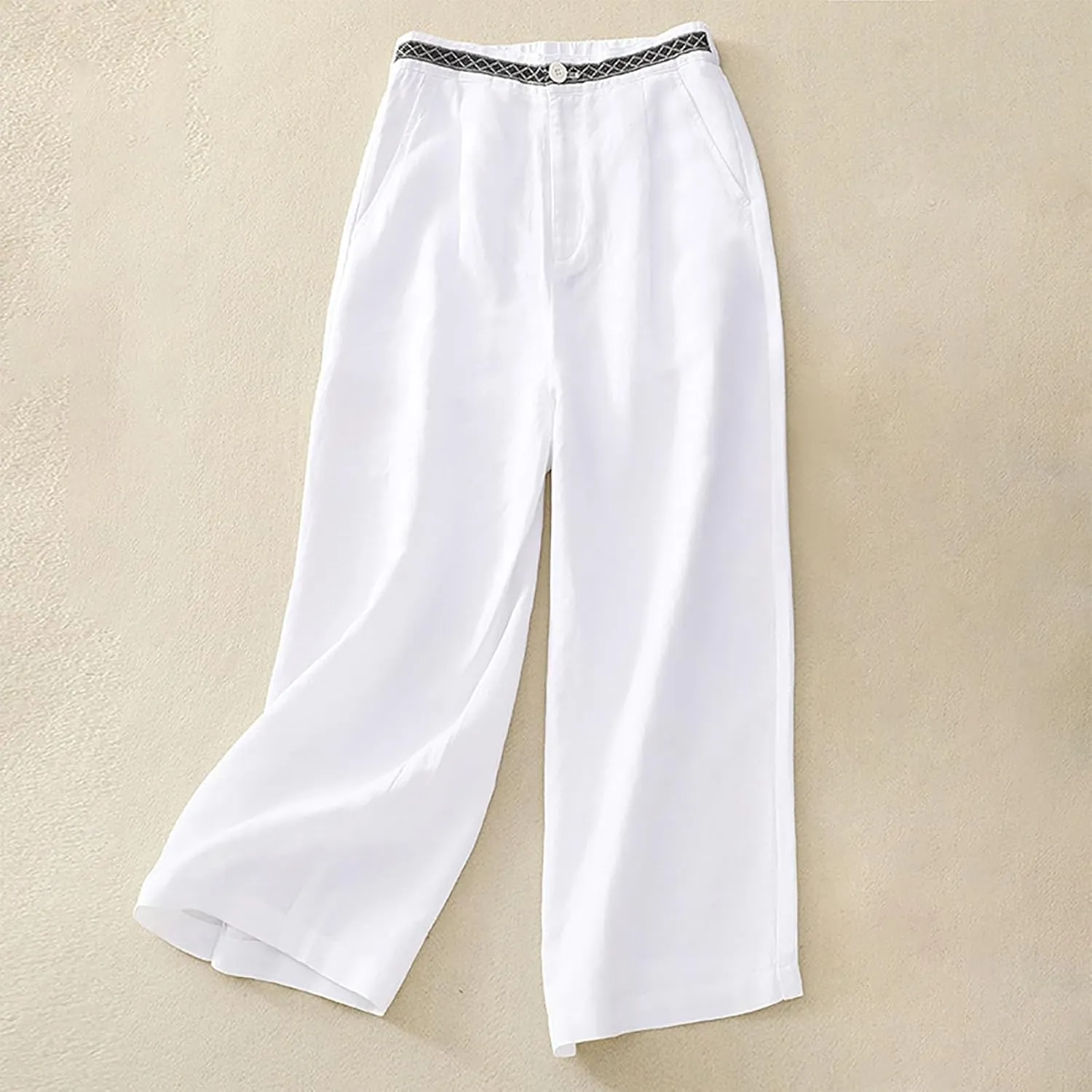 DASAYO Boho Linen Pants Women Trendy High Waisted Cropped Palazzo Pants Ladies Wide Leg Beach Casual Trousers with Pockets