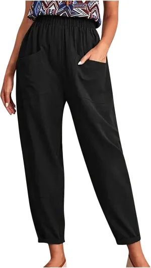 DASAYO Linen Pants for Women Trendy Elastic Wasit Casual Tapered Pants Lightweight Comfy Trousers with Pockets Summer Clothes