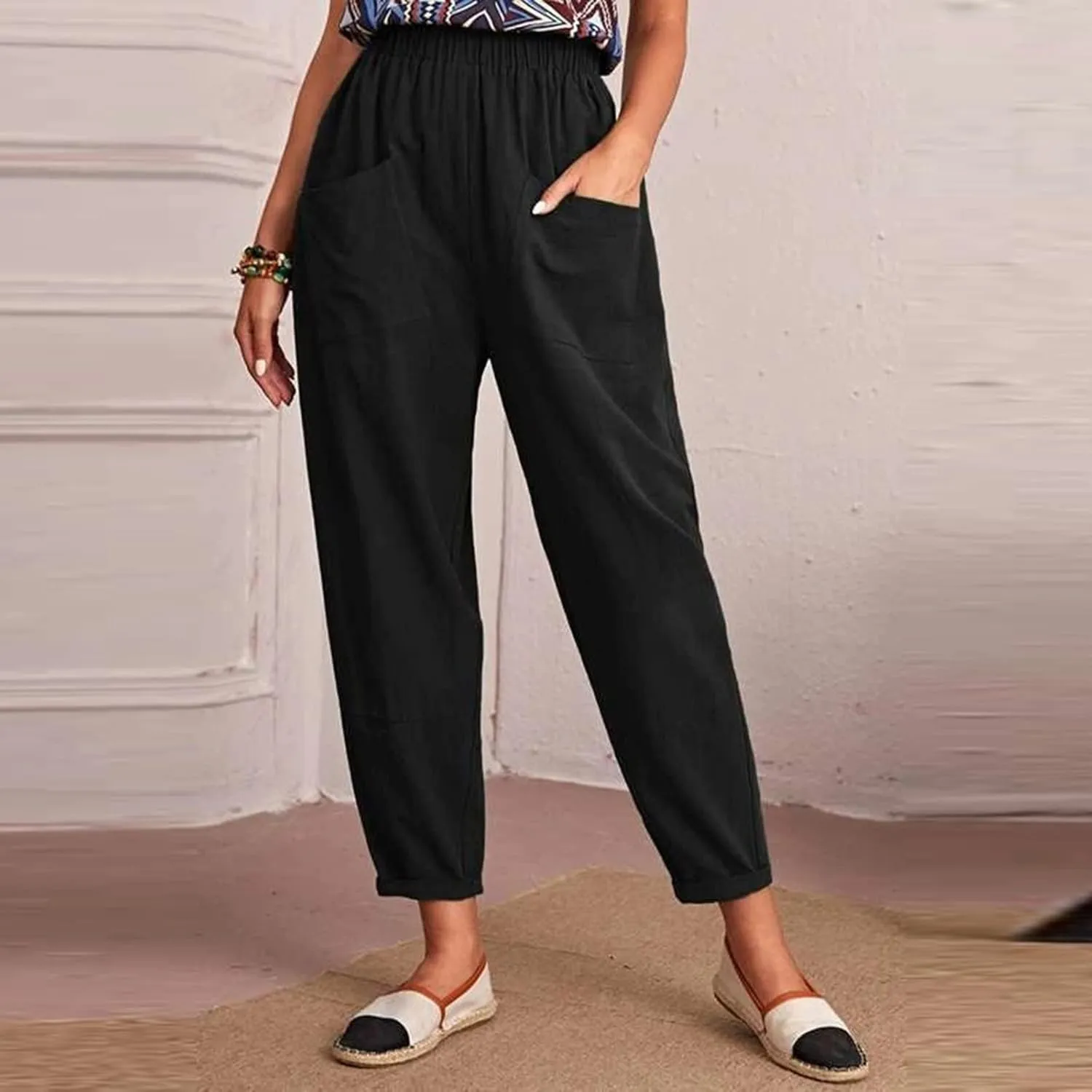 DASAYO Linen Pants for Women Trendy Elastic Wasit Casual Tapered Pants Lightweight Comfy Trousers with Pockets Summer Clothes