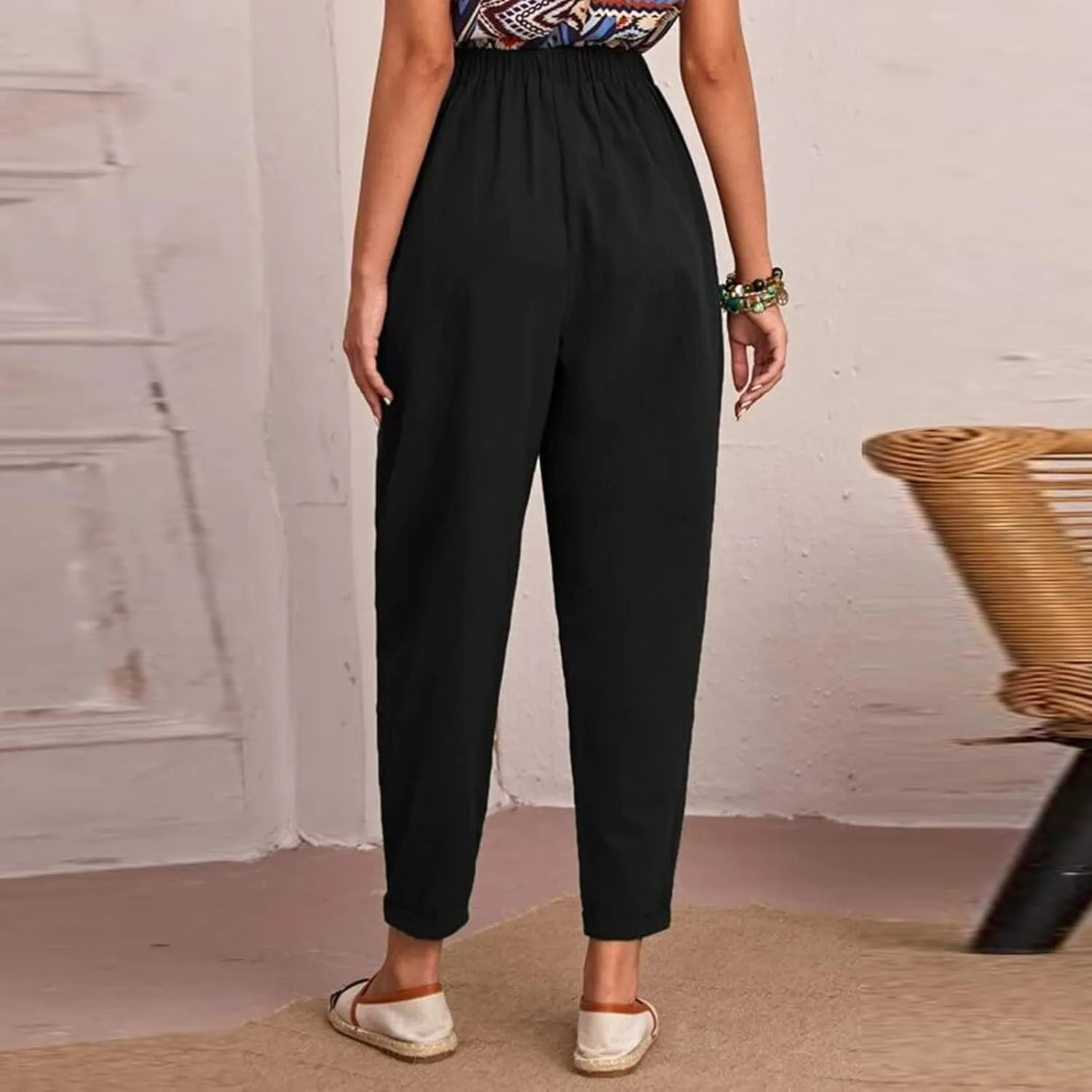 DASAYO Linen Pants for Women Trendy Elastic Wasit Casual Tapered Pants Lightweight Comfy Trousers with Pockets Summer Clothes