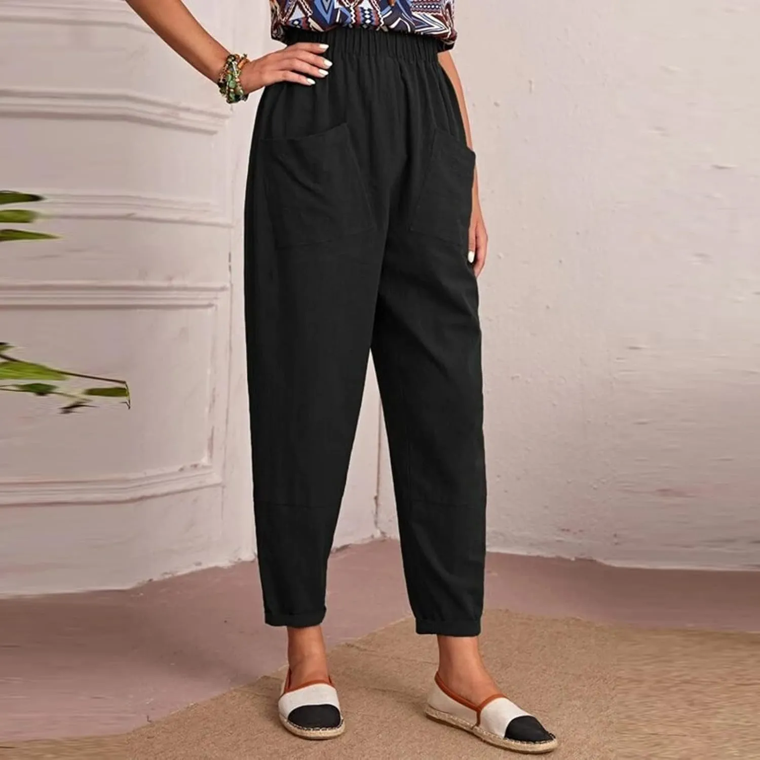 DASAYO Linen Pants for Women Trendy Elastic Wasit Casual Tapered Pants Lightweight Comfy Trousers with Pockets Summer Clothes