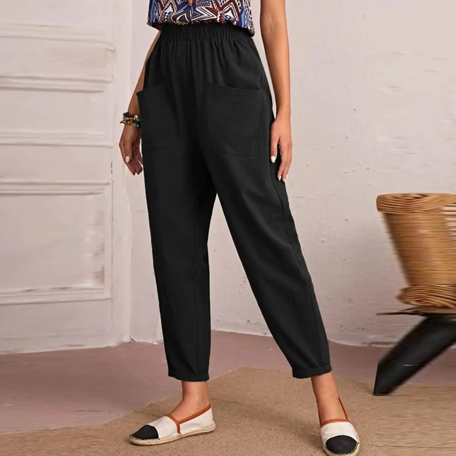 DASAYO Linen Pants for Women Trendy Elastic Wasit Casual Tapered Pants Lightweight Comfy Trousers with Pockets Summer Clothes