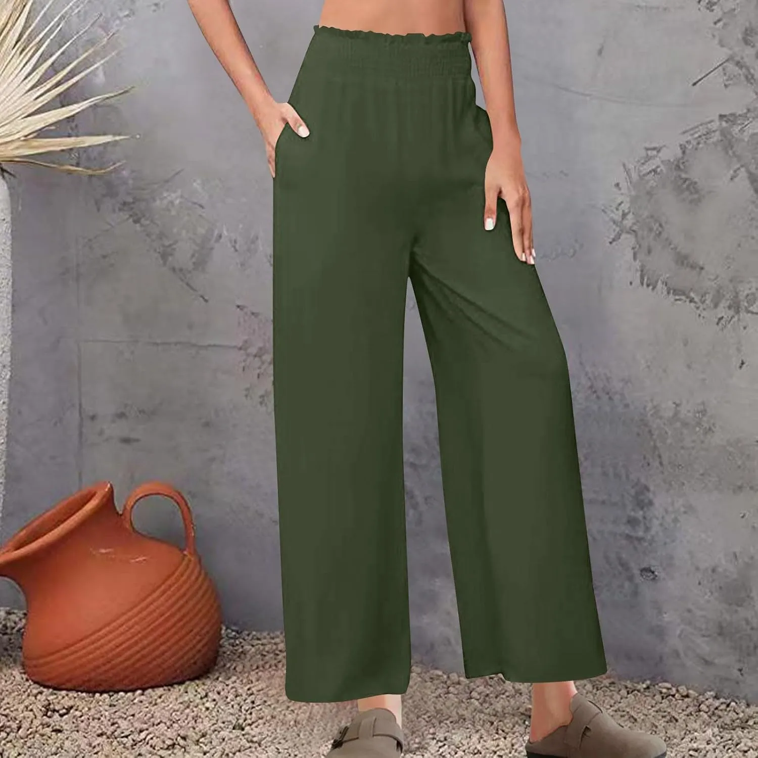 DASAYO Linen Pants Women Trendy Ruffle Elastic High Wasited Palazzo Pants Dressy Casual Summer Beach Trousers with Pockets