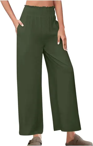 DASAYO Linen Pants Women Trendy Ruffle Elastic High Wasited Palazzo Pants Dressy Casual Summer Beach Trousers with Pockets