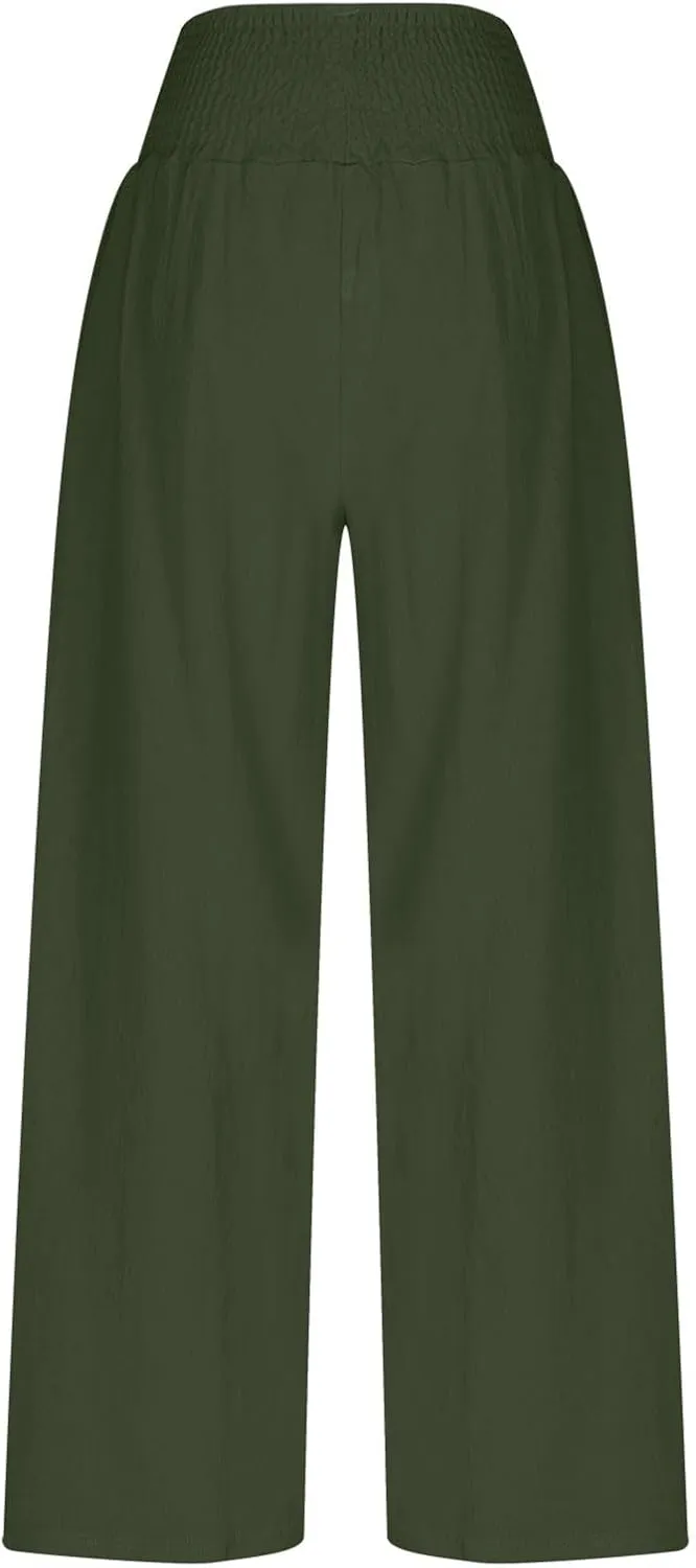 DASAYO Linen Pants Women Trendy Ruffle Elastic High Wasited Palazzo Pants Dressy Casual Summer Beach Trousers with Pockets