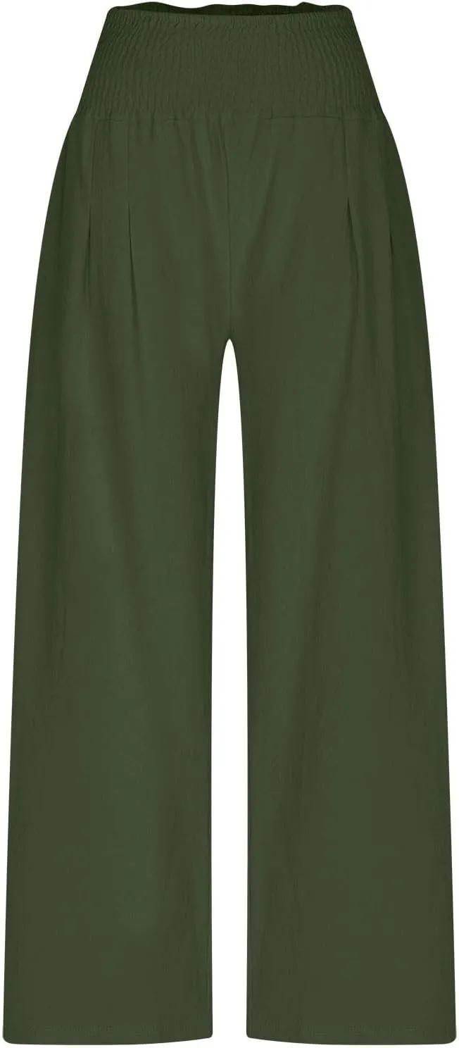 DASAYO Linen Pants Women Trendy Ruffle Elastic High Wasited Palazzo Pants Dressy Casual Summer Beach Trousers with Pockets