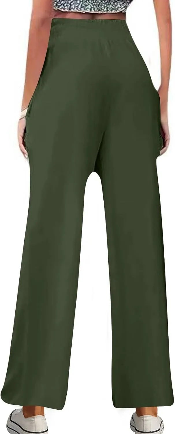 DASAYO Linen Pants Women Trendy Ruffle Elastic High Wasited Palazzo Pants Dressy Casual Summer Beach Trousers with Pockets
