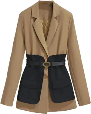 Dbdkejj Women Autumn/Winter Casual Colorblock Blazer Notched Collar Long Sleeve High Waist Sashes Coat