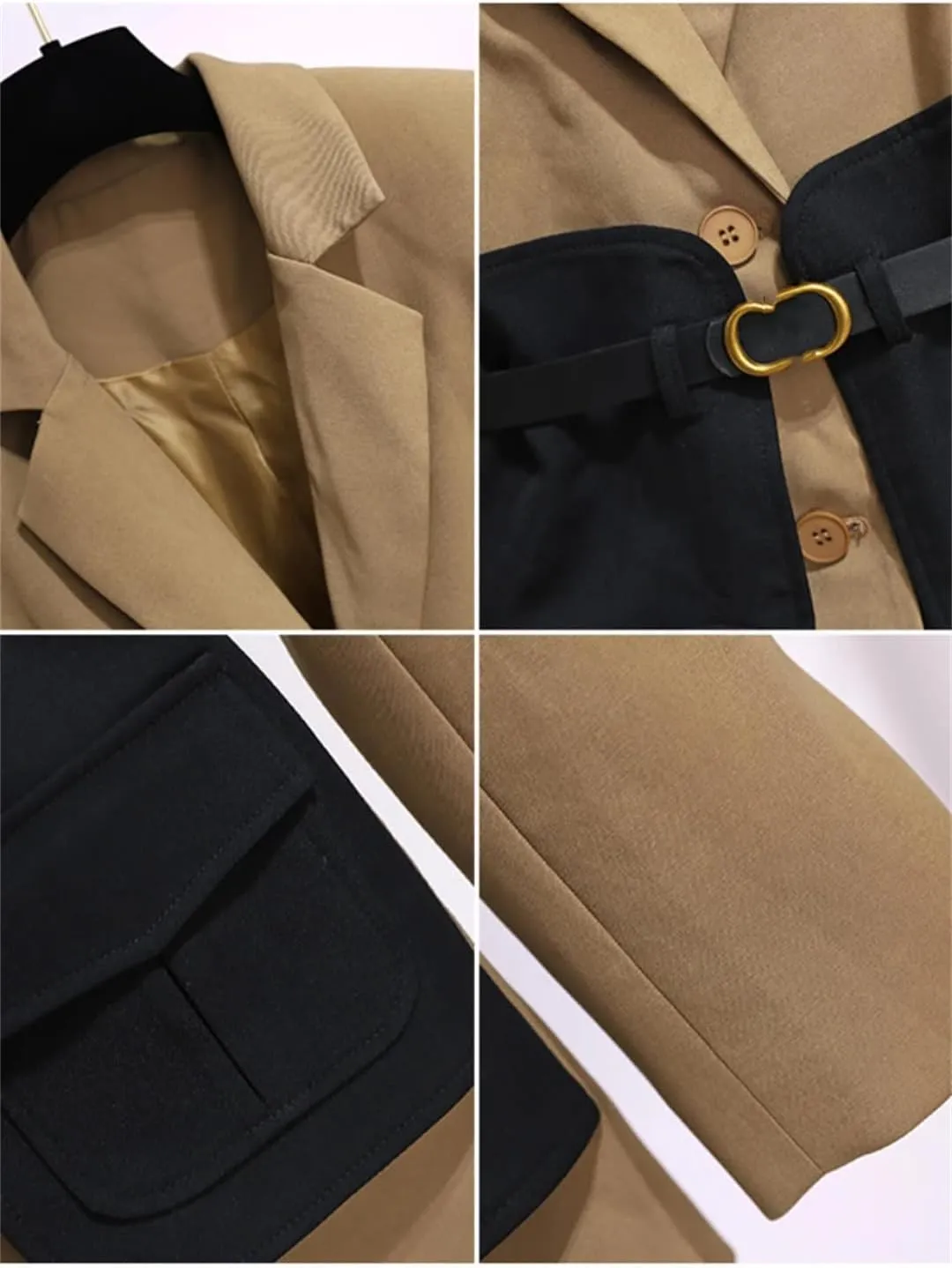 Dbdkejj Women Autumn/Winter Casual Colorblock Blazer Notched Collar Long Sleeve High Waist Sashes Coat