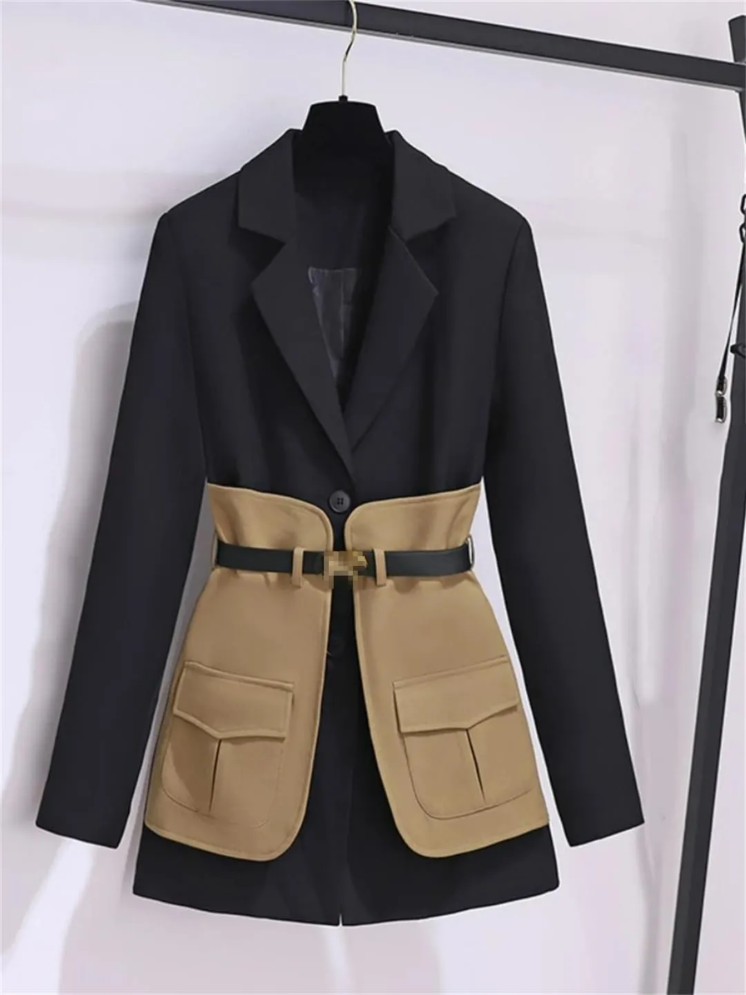 Dbdkejj Women Autumn/Winter Casual Colorblock Blazer Notched Collar Long Sleeve High Waist Sashes Coat