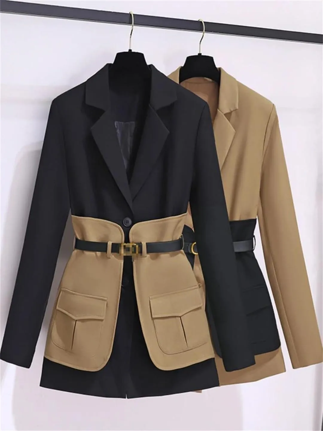 Dbdkejj Women Autumn/Winter Casual Colorblock Blazer Notched Collar Long Sleeve High Waist Sashes Coat