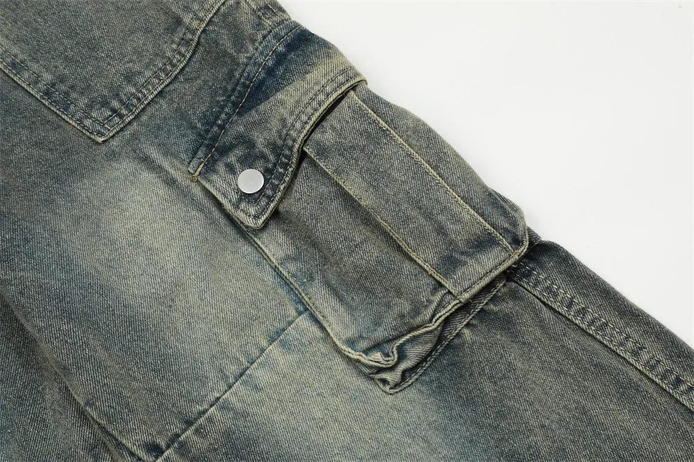 Distressed Washed Denim Overalls Men's Niche