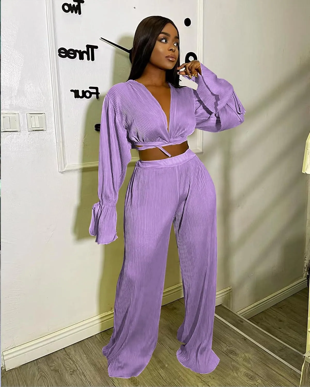 Doweha Two Piece Outfits for Women Summer Cute Plisse Set Outfit Lounge Sets Bell Sleeve Top Pants Sets Sexy 2 Piece Outfits