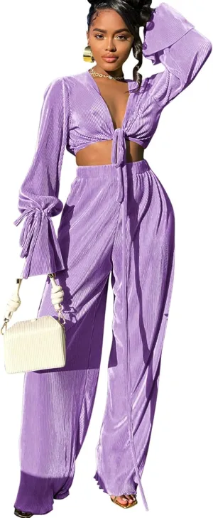Doweha Two Piece Outfits for Women Summer Cute Plisse Set Outfit Lounge Sets Bell Sleeve Top Pants Sets Sexy 2 Piece Outfits