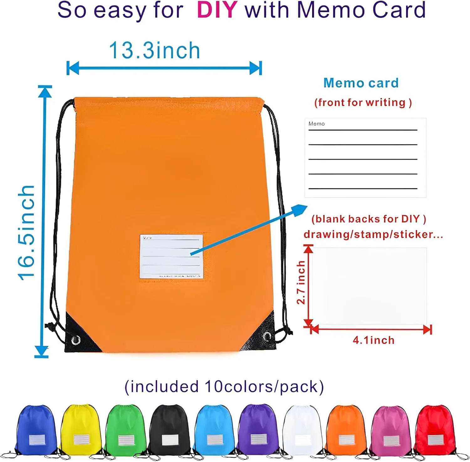Drawstring Backpack Bulk 20 Pcs Draw String Bags DIY Gym Sports Traveling Yoga Cinch Bag Sackpack Drawstring Memo Card (10 Color multi color)