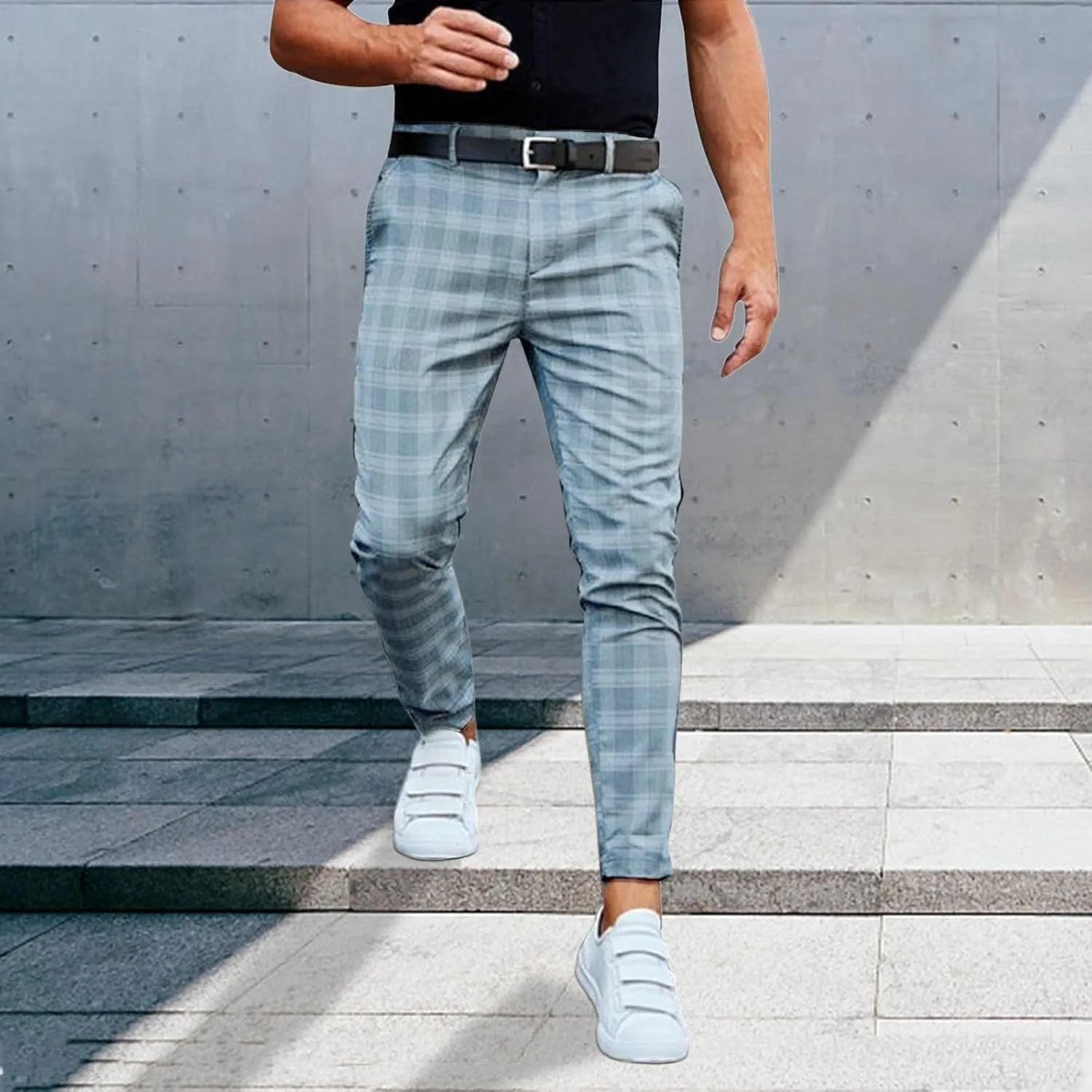 Dress Pants for Men Casual Slim Flat Front Plaid Business Work Pencil Trousers Stretch Golf Chino Pants with Pockets