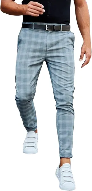 Dress Pants for Men Casual Slim Flat Front Plaid Business Work Pencil Trousers Stretch Golf Chino Pants with Pockets