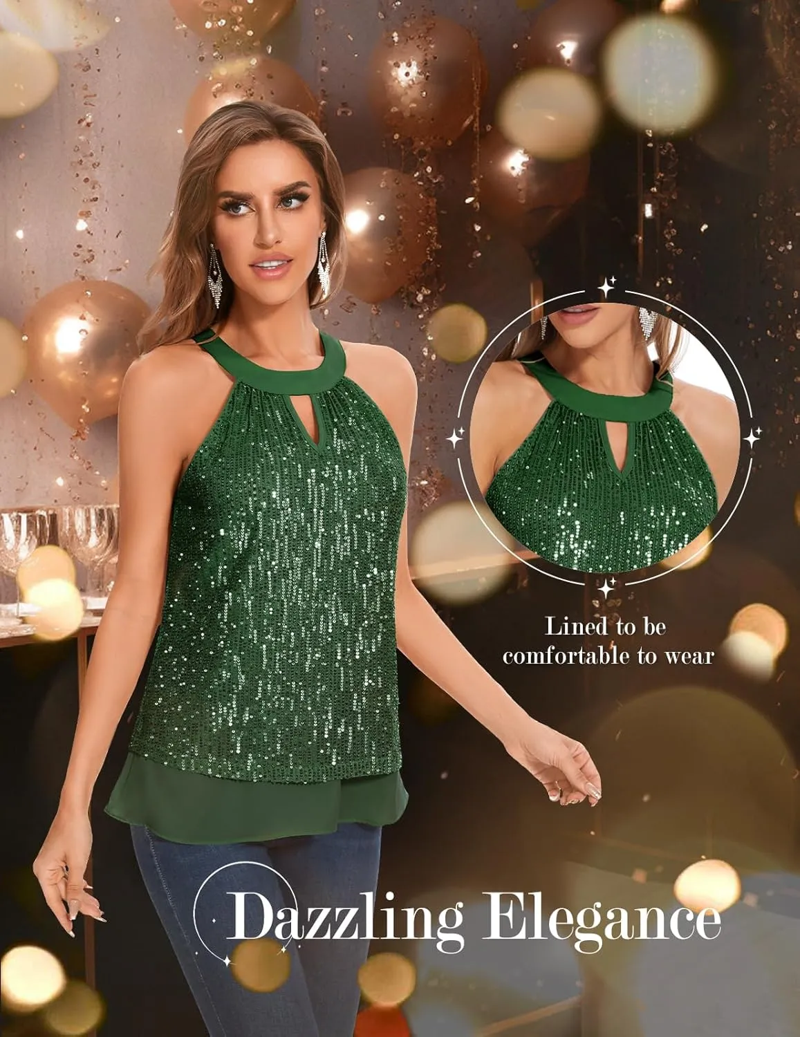 DRESSTELLS Sequin Halter Tops for Women Sleeveless Sparkly Shiny Tank Tops Bow Flowy Sparkly Club Outfits Party Shirt