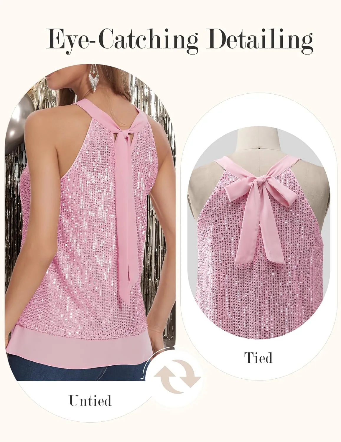 DRESSTELLS Sequin Halter Tops for Women Sleeveless Sparkly Shiny Tank Tops Bow Flowy Sparkly Club Outfits Party Shirt