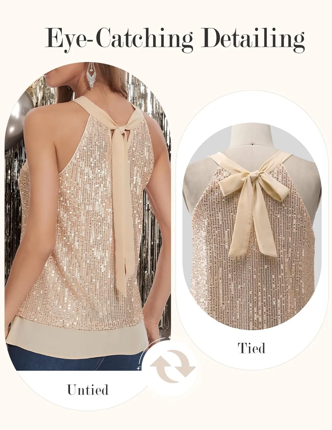 DRESSTELLS Sequin Halter Tops for Women Sleeveless Sparkly Shiny Tank Tops Bow Flowy Sparkly Club Outfits Party Shirt