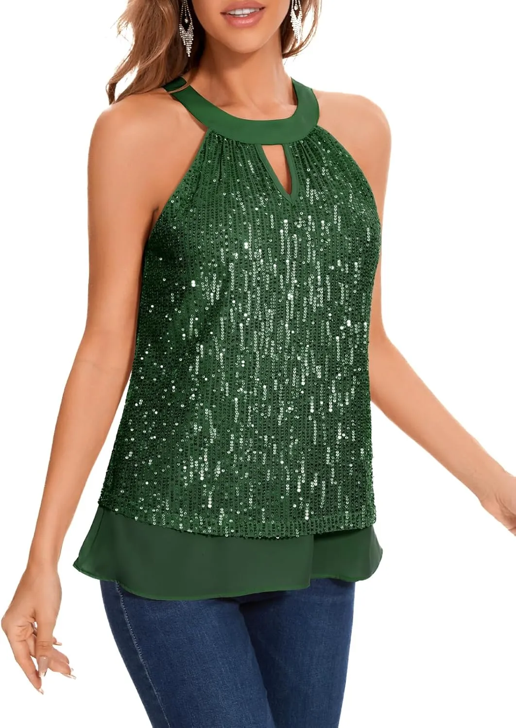 DRESSTELLS Sequin Halter Tops for Women Sleeveless Sparkly Shiny Tank Tops Bow Flowy Sparkly Club Outfits Party Shirt