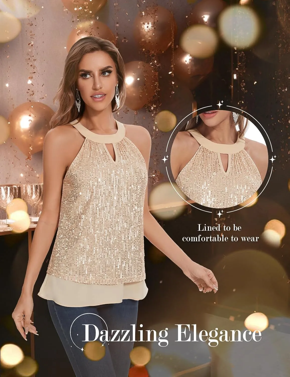DRESSTELLS Sequin Halter Tops for Women Sleeveless Sparkly Shiny Tank Tops Bow Flowy Sparkly Club Outfits Party Shirt