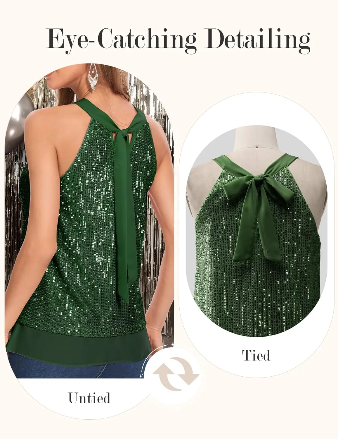 DRESSTELLS Sequin Halter Tops for Women Sleeveless Sparkly Shiny Tank Tops Bow Flowy Sparkly Club Outfits Party Shirt