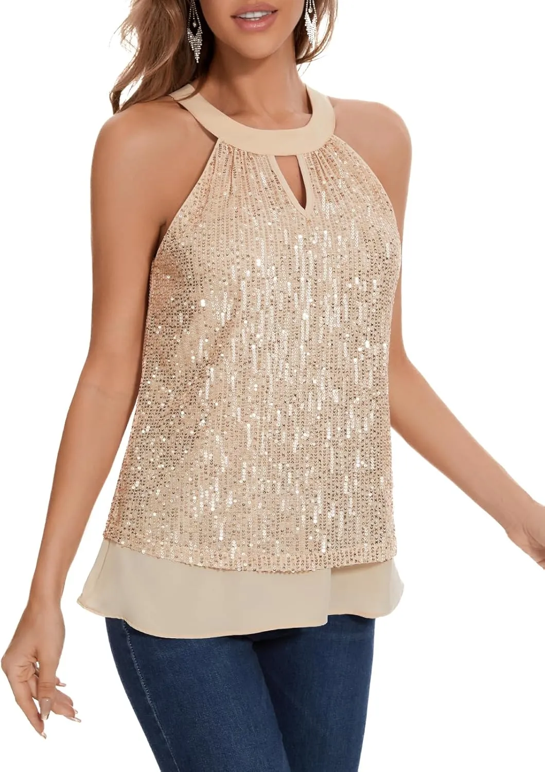 DRESSTELLS Sequin Halter Tops for Women Sleeveless Sparkly Shiny Tank Tops Bow Flowy Sparkly Club Outfits Party Shirt