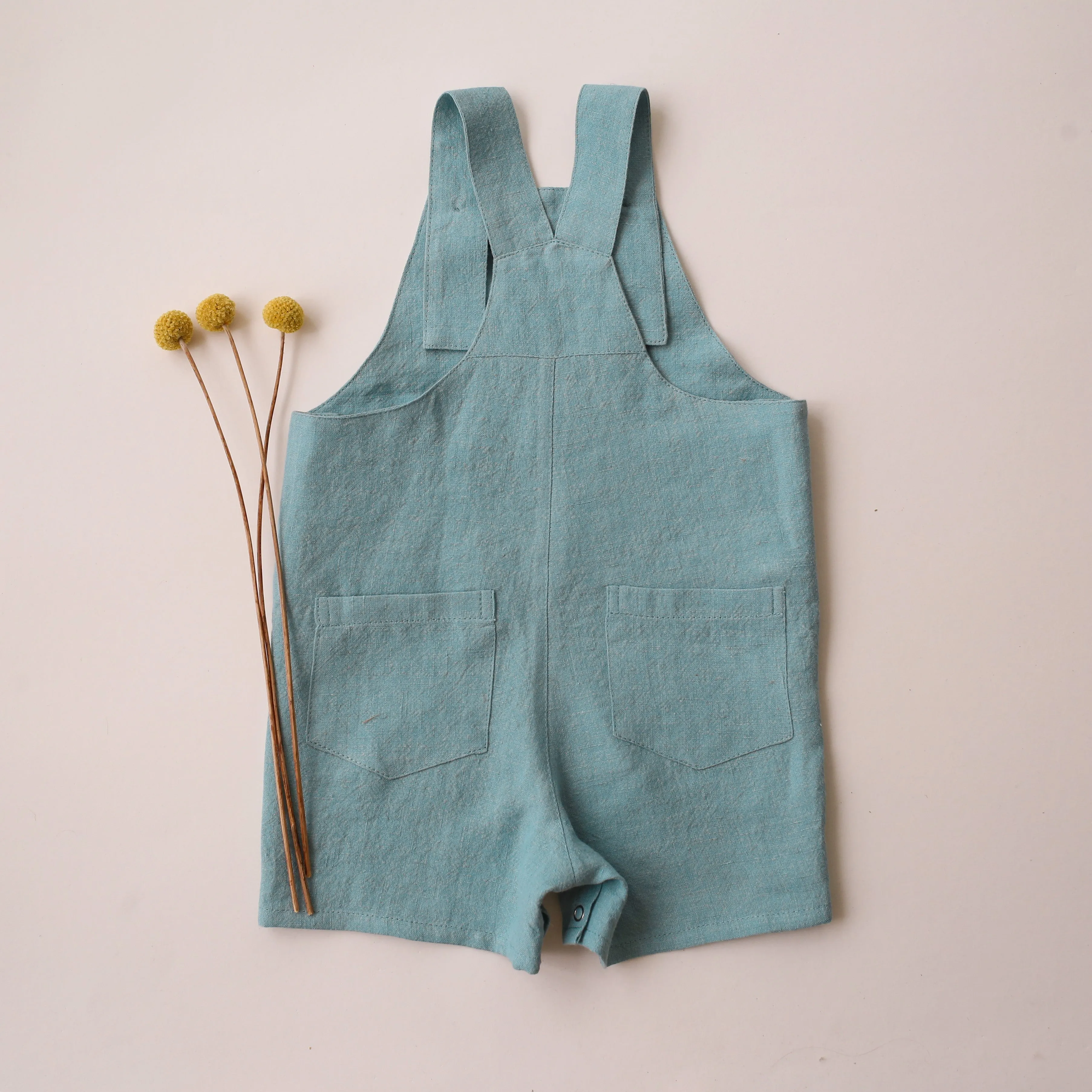 Duck Egg Blue Linen Buttoned Short Dungaree