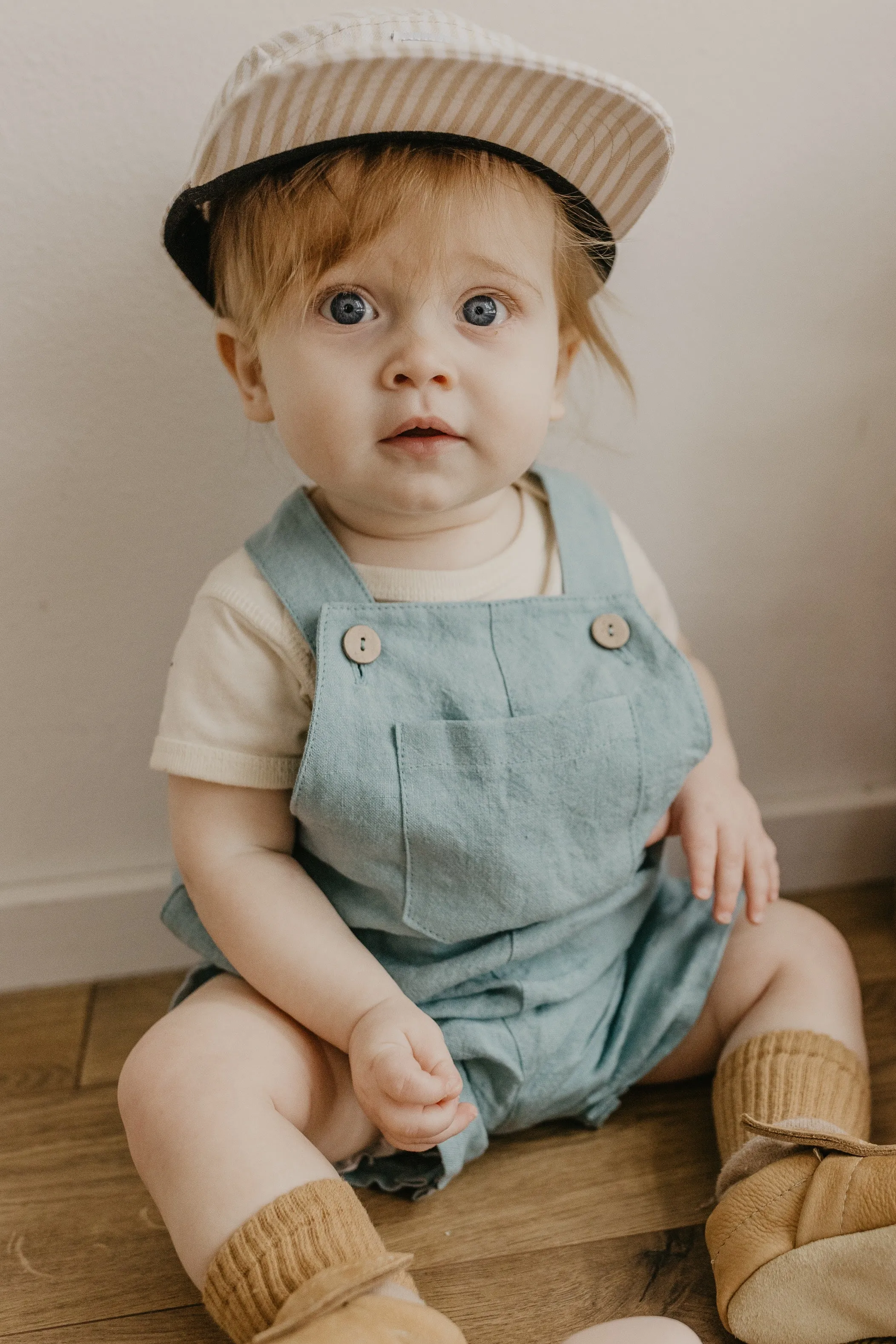 Duck Egg Blue Linen Buttoned Short Dungaree