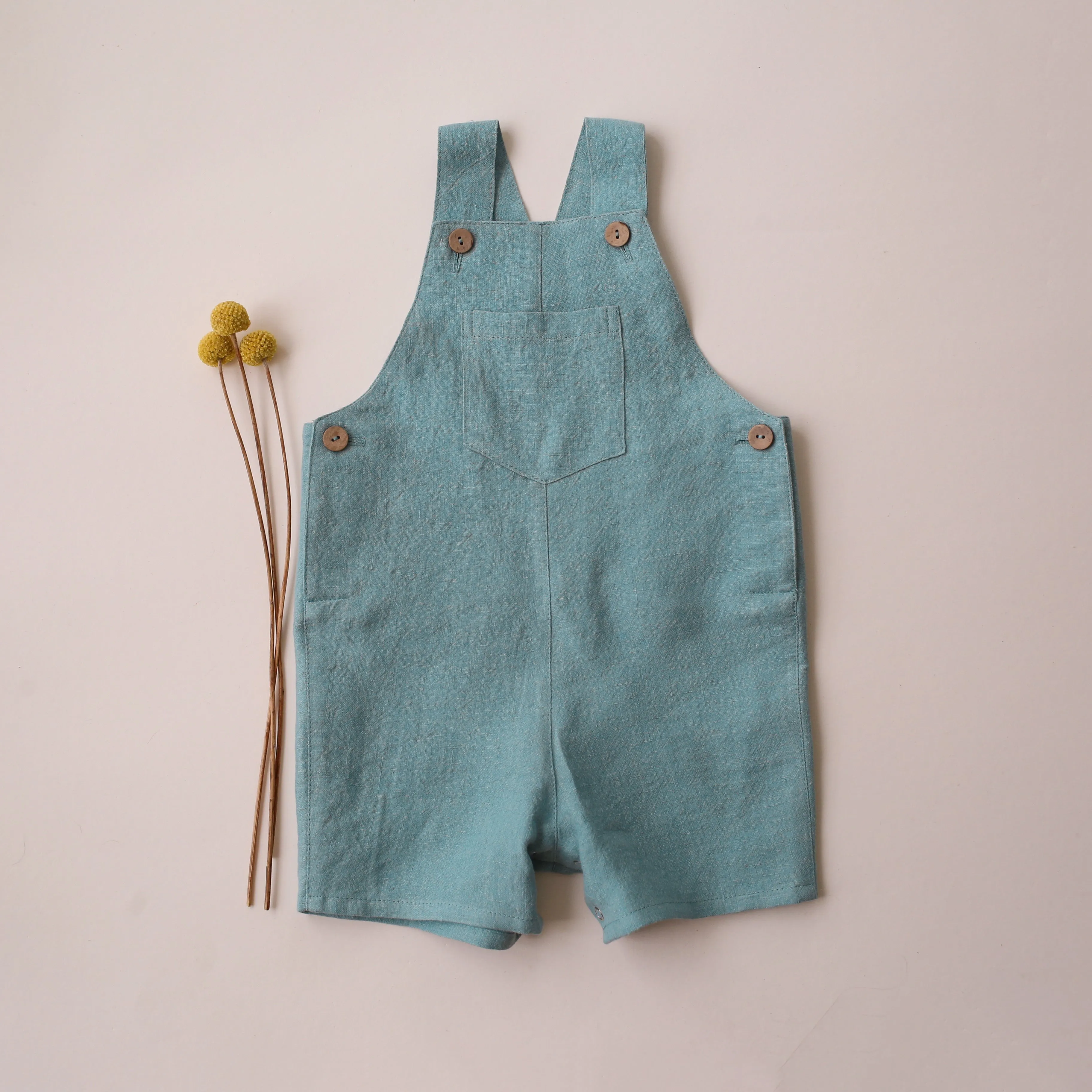 Duck Egg Blue Linen Buttoned Short Dungaree