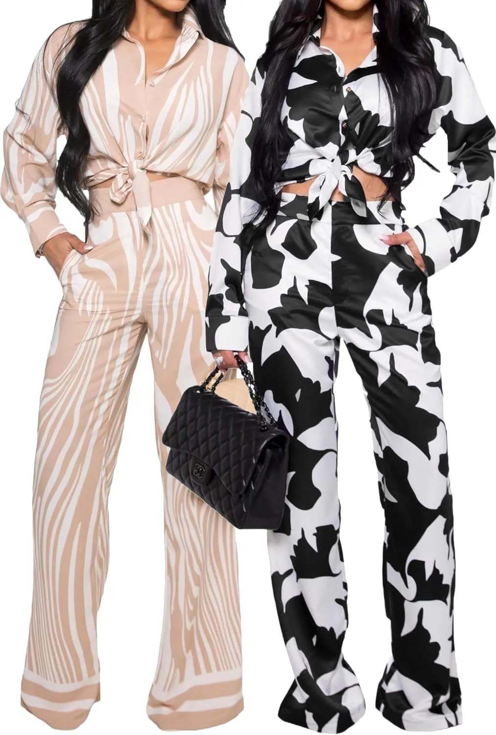 DvaeMalligo 2 Piece Sets for Women Long Sleeve Button Down Shirt Wide Leg Long Pants Sets Casual Two Piece Outfits