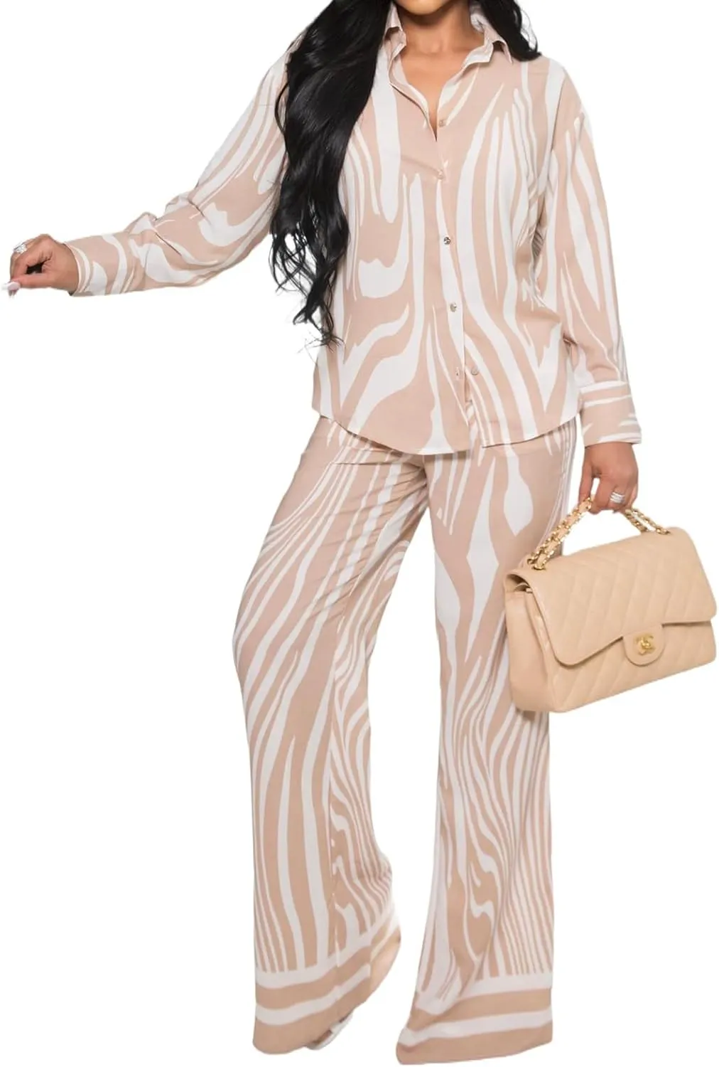 DvaeMalligo 2 Piece Sets for Women Long Sleeve Button Down Shirt Wide Leg Long Pants Sets Casual Two Piece Outfits