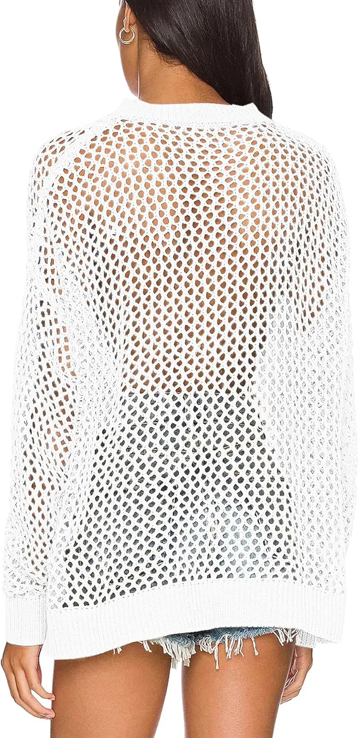 Ebifin Womens Crochet Tops Long Sleeve Beach Summer Sweater Crew Neck Mesh Cover Ups Bikini Swimsuit Tunic Pullover Tops