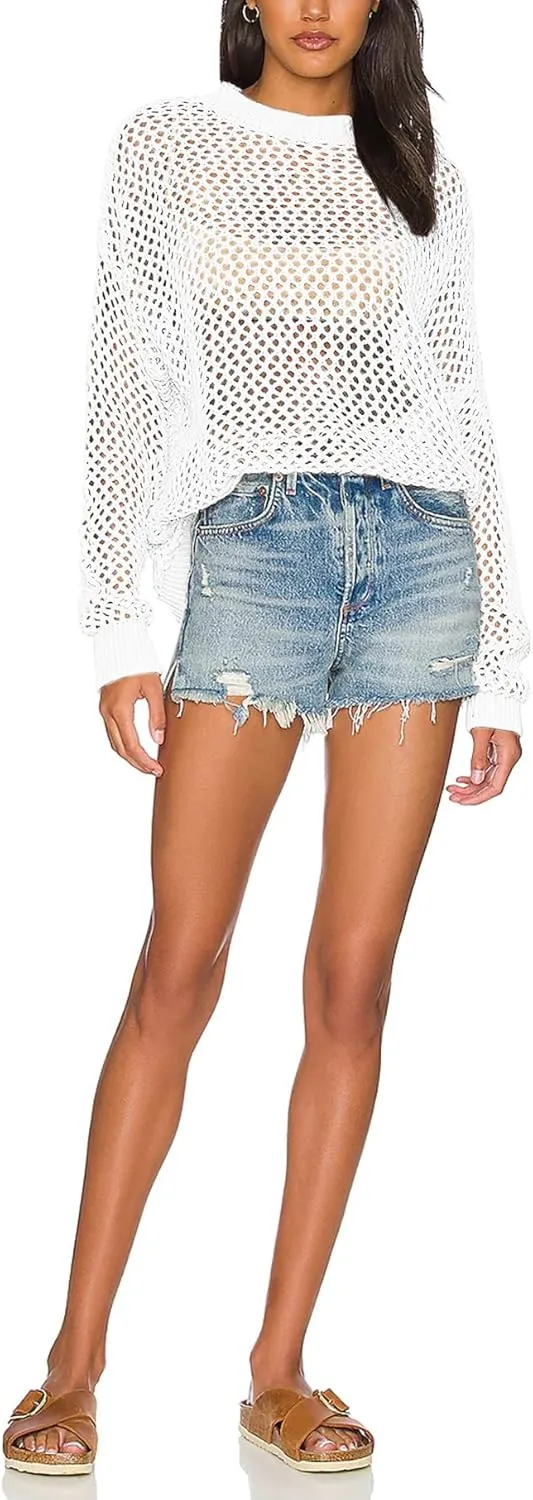 Ebifin Womens Crochet Tops Long Sleeve Beach Summer Sweater Crew Neck Mesh Cover Ups Bikini Swimsuit Tunic Pullover Tops